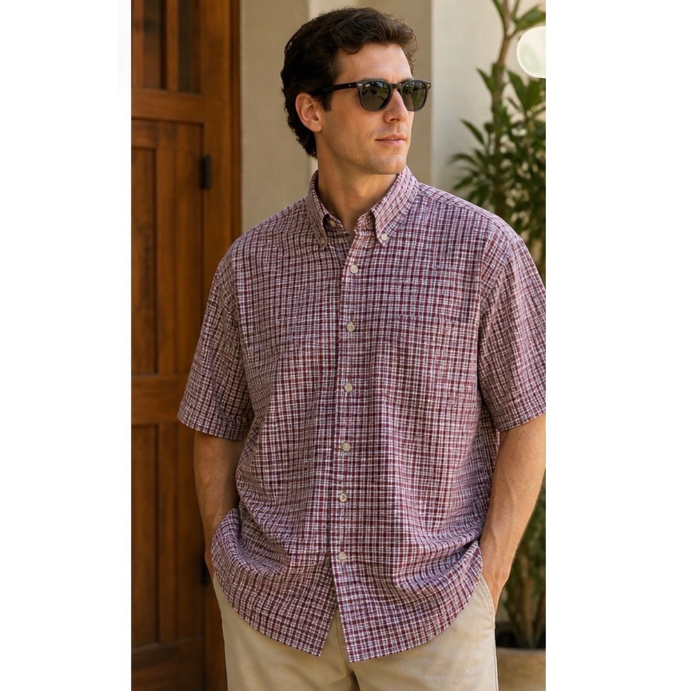 Van Heusen Big Shirt XL Red Plaid Short Sleeve Button Down Oversized Vintage